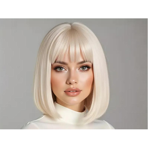 Paróka szintetikus műhajból 30cm platina szőke bob fazon egyenes haj és fufru