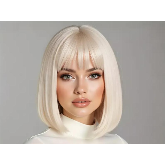 Paróka szintetikus műhajból 30cm platina szőke bob fazon egyenes haj és fufru