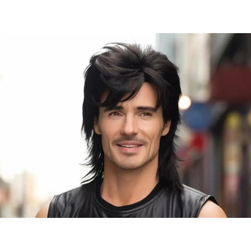 Paróka szintetikus műhajból 35cm fekete férfi rock1 fazon hullámos hajjal