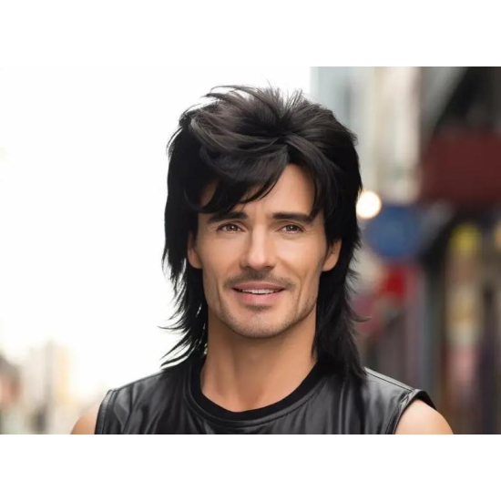 Paróka szintetikus műhajból 35cm fekete férfi rock1 fazon hullámos hajjal