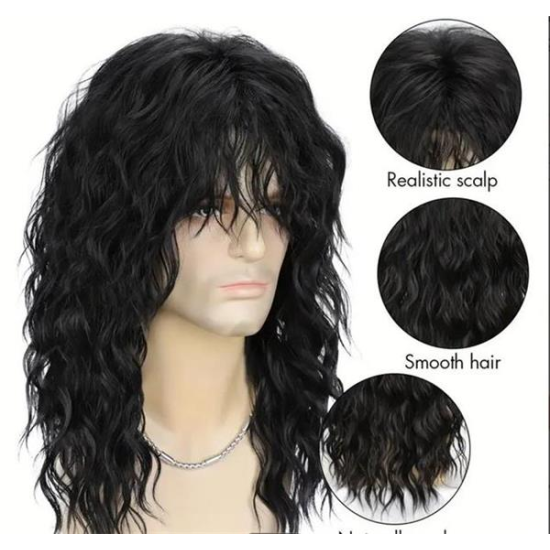 Paróka szintetikus műhajból 45cm fekete férfi rock fazon hullámos hajjal TCS-96382641975