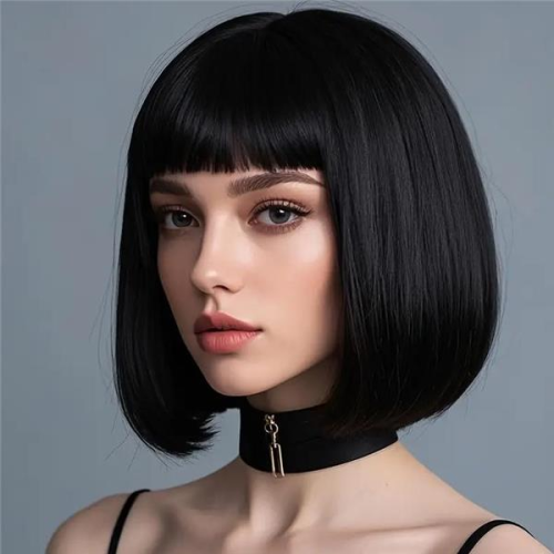 Paróka szintetikus műhajból 30cm fekete bob-diák fazon egyenes haj és fufru