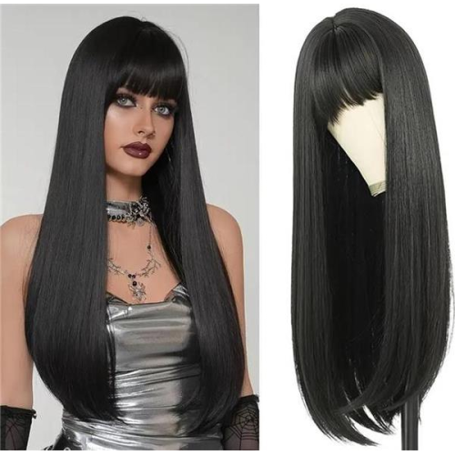 Paróka szintetikus műhajból 60cm fekete bob fazon egyenes haj és fufru