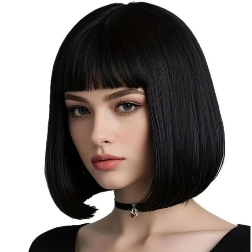 Paróka szintetikus műhajból 30cm fekete bob1 fazon egyenes haj és fufru